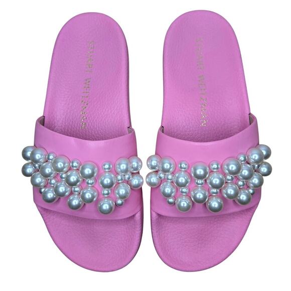 Stuart Weitzman Goldie Faux Pearl Studded Pool Slides pink size 7. - Picture 2 of 10